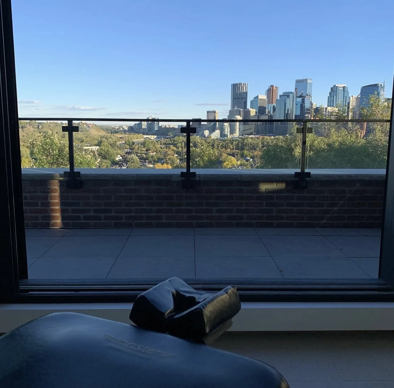 City skyline view from a balcony with glass railing, tall buildings in the distance, and trees in the foreground during daytime.
