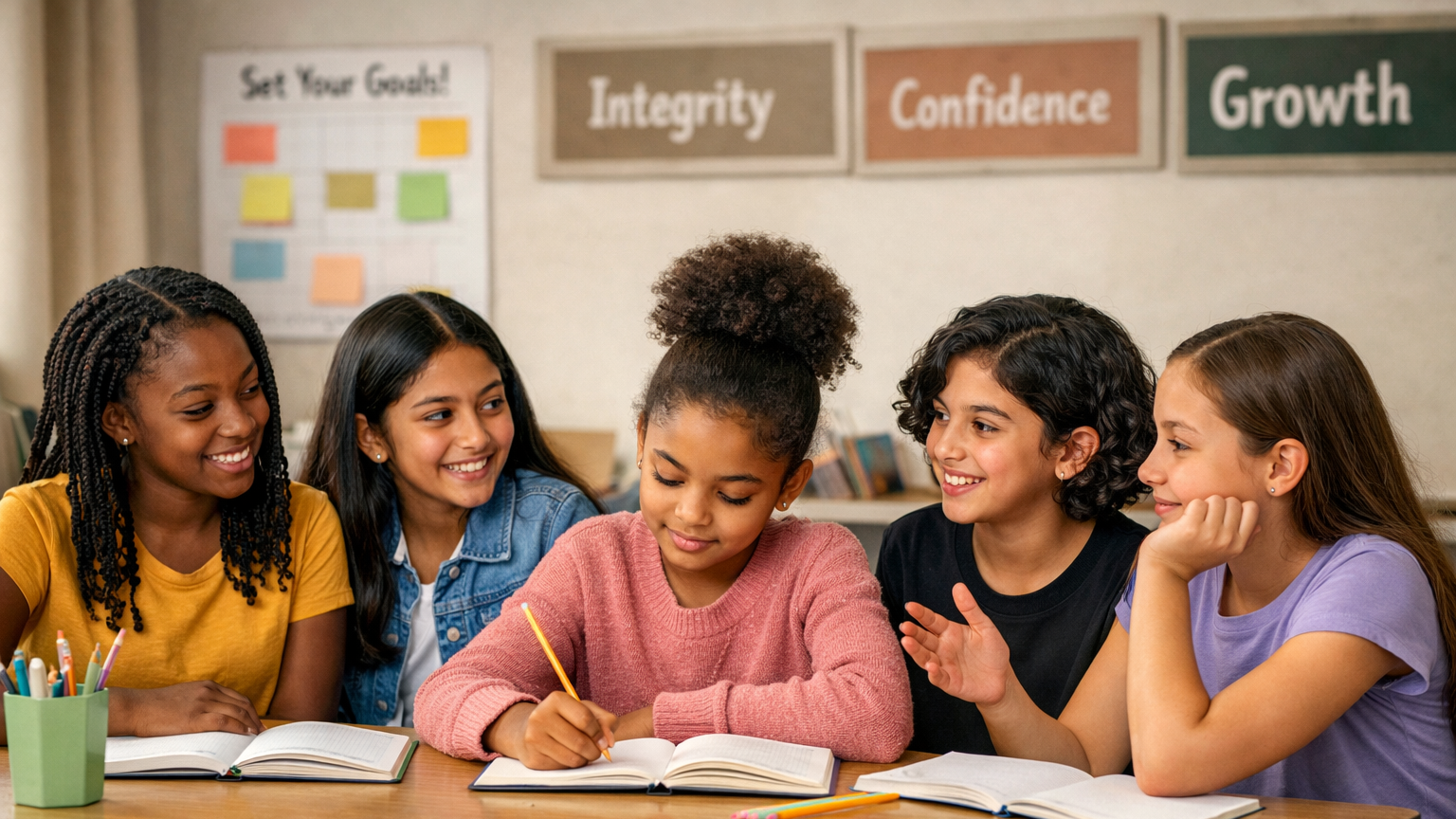 The Discovery Studio Girls in grades 4–8 explore identity, self-belief, strengths, and purpose through guided discussion and reflection.