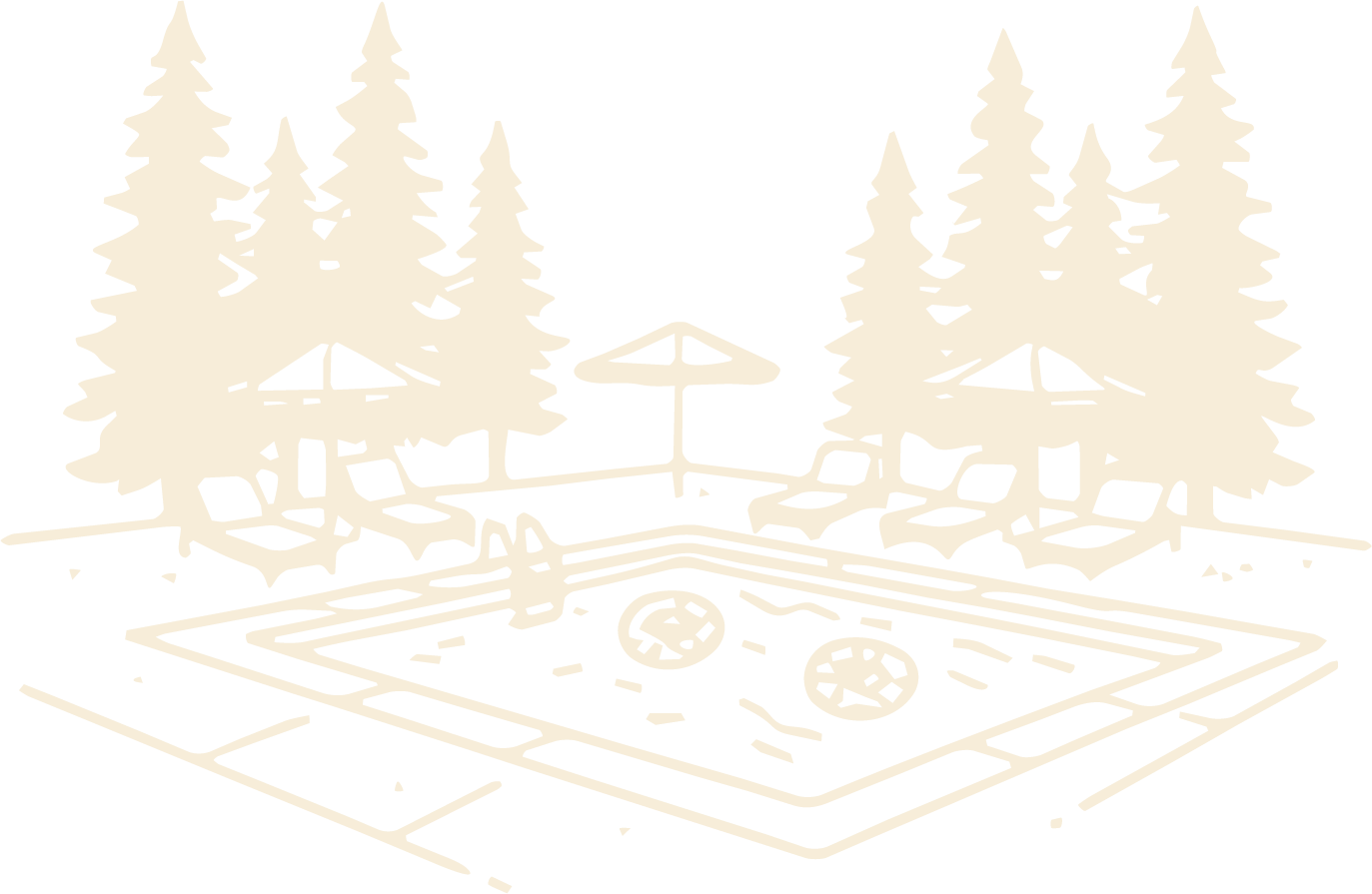 A stylized illustration of an outdoor pool with lounge chairs and umbrellas, surrounded by tall pine trees, under a black background.