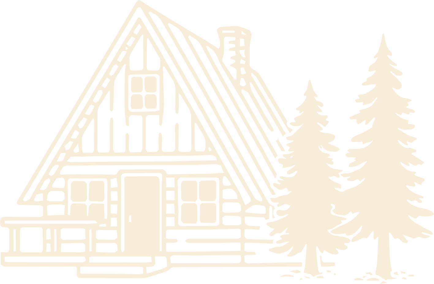 Illustration of a Pinetree hotel wooden A-frame cabin with snow-covered roof, surrounded by tall pine trees against a black background.