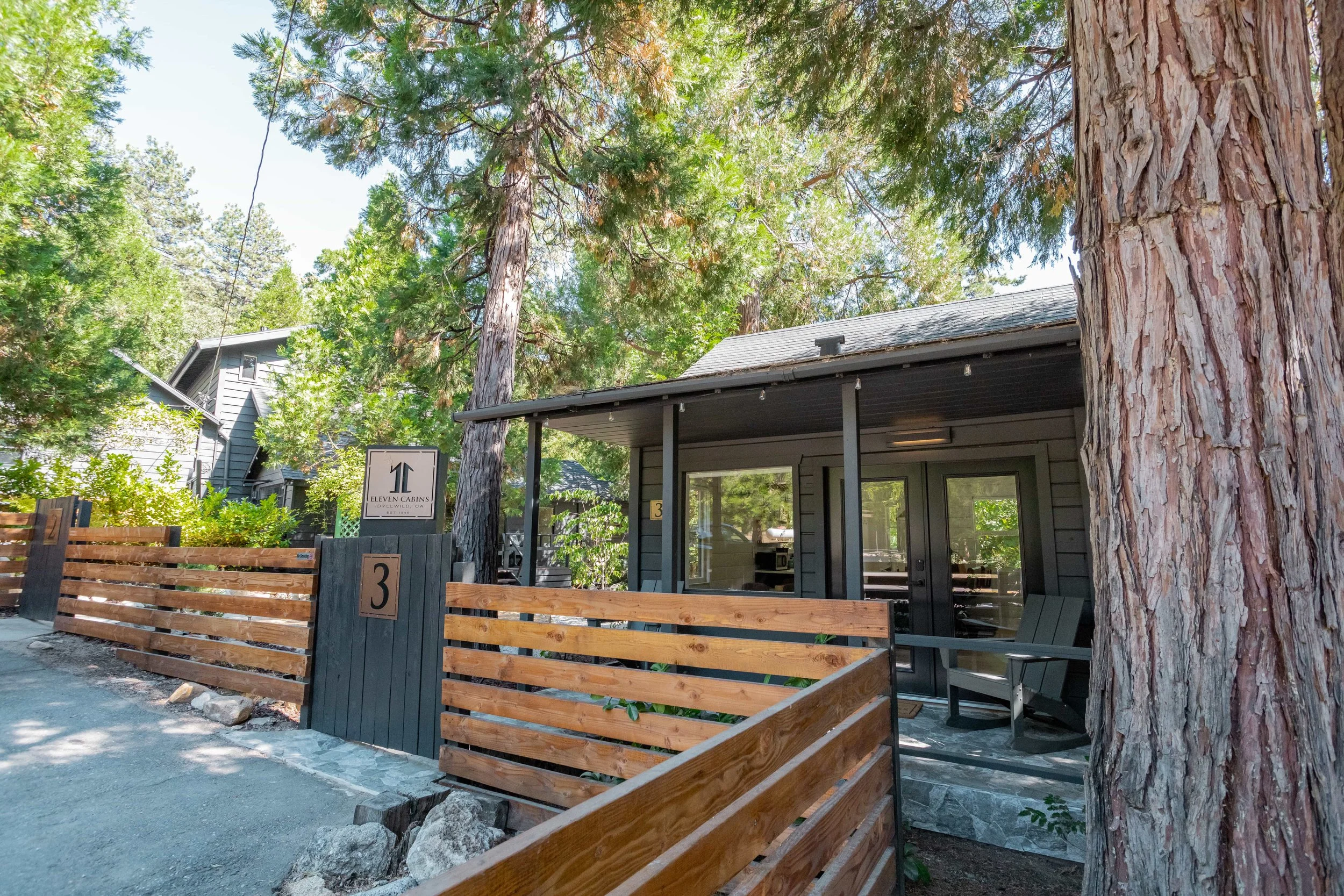 A small gray cabin with a covered porch, surrounded by tall trees and a wooden fence, in a wooded area.