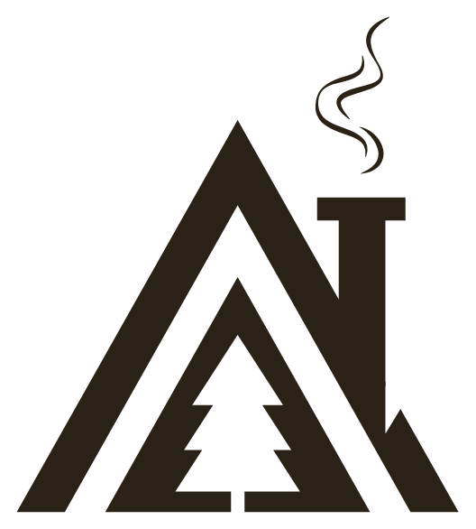 The Pinetree Hotel Logo featuring stylized mountain peaks with a steaming coffee cup on top, representing a coffee brand or cafe.