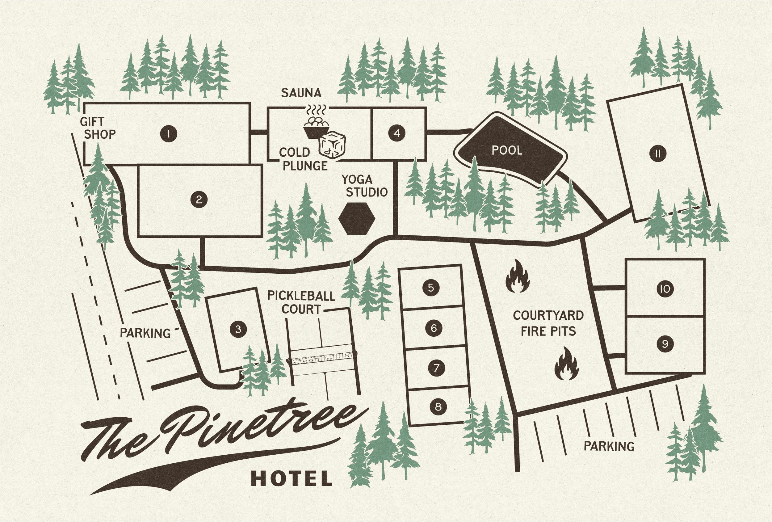 A detailed map of The Pinetree Hotel and surrounding amenities, including parking, gift shop, sauna, cold plunge, yoga studio, pool, pickleball court, courtyard fire pits, and numbered rooms.