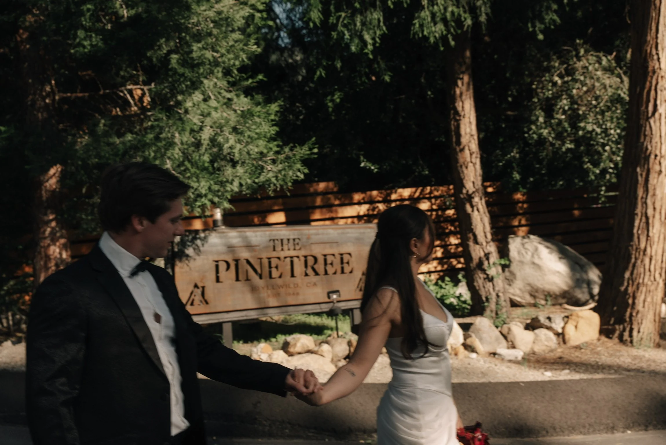 A man in a tuxedo holding hands with a woman in a white dress, walking outdoors near a sign that reads 'The Pinetree' in a wooded area.