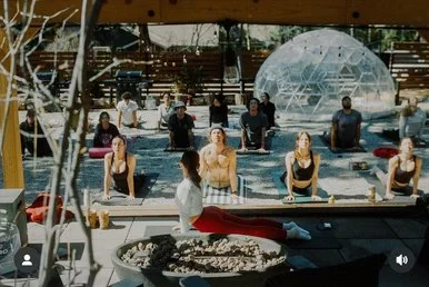 Group of people practicing yoga outdoor near a swimming pool, with a woman leading the session and a transparent geodesic dome in the background.