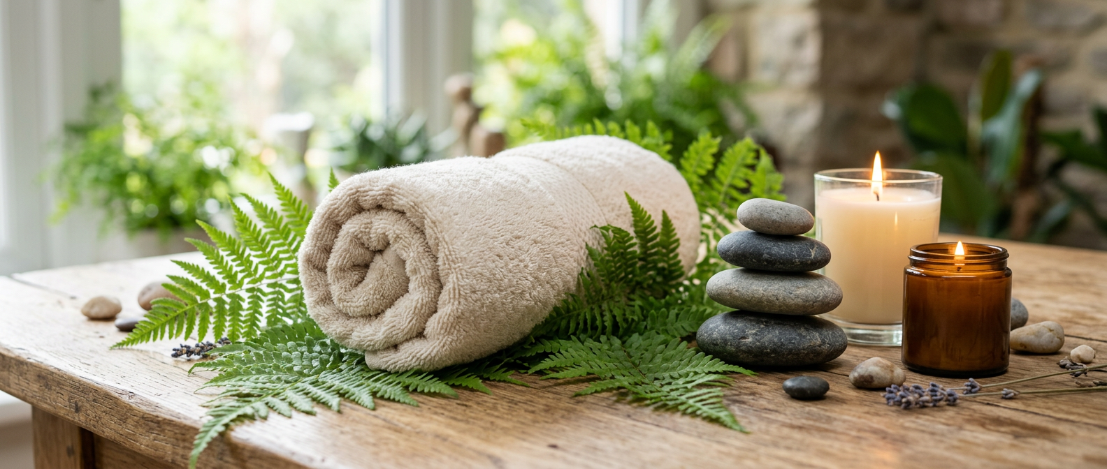 a rolled towel admidst fern leaves on a table, with candles and stacked round stones