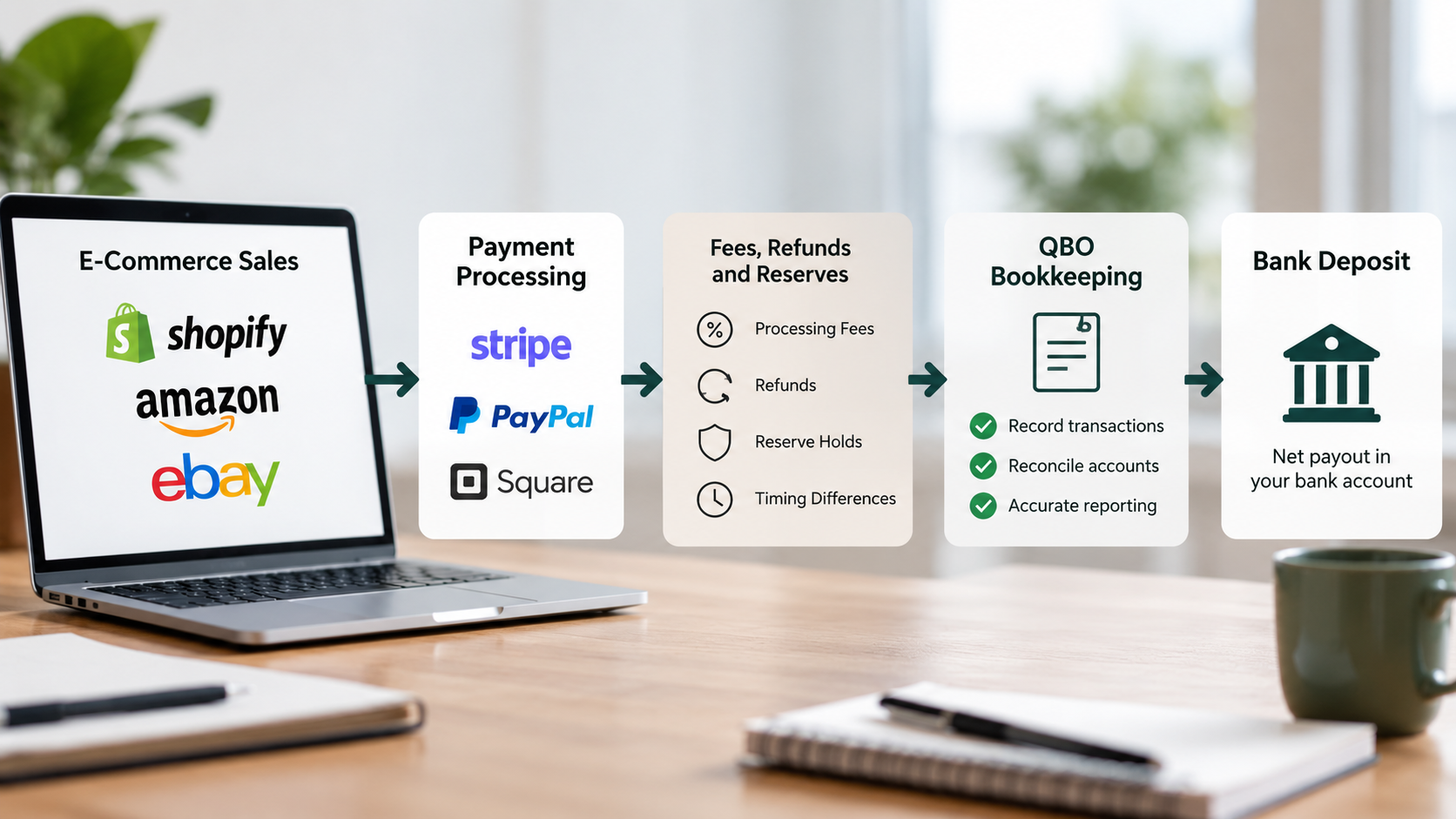 E-commerce sales and payment processing flow to QBO bookkeeping and bank deposits