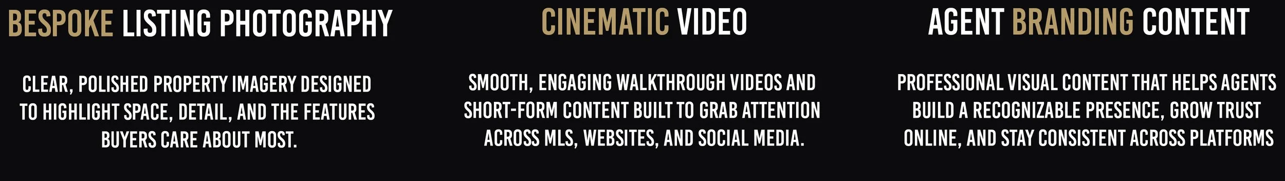 Text-based infographic highlighting services: Bespoke listing photography, cinematic video, and agent branding content.