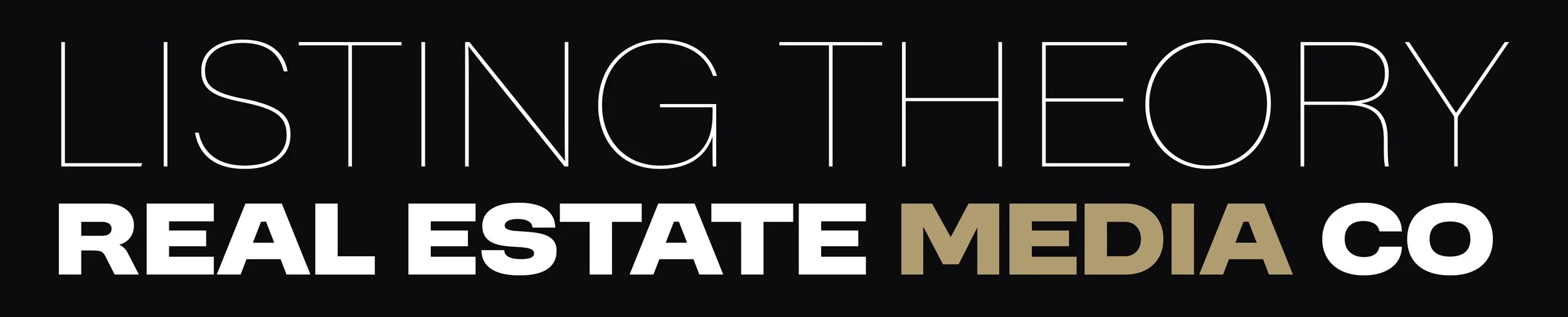 Logo for Listing Theory Real Estate Media Co with black background, white and gold text.