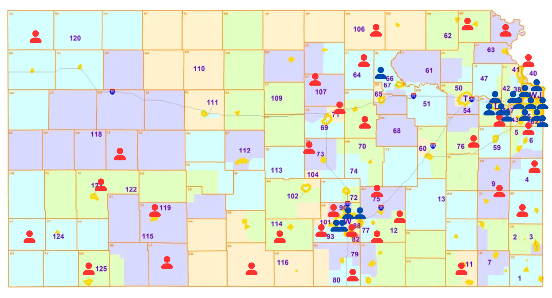 Kansas map shows the 50 (32 Rep, 18 Dem) unopposed House districts in 2024. The unopposed Republican seats are spread across the state while the Democratic seats are in Kansas City, Lawrence, and Wichita.