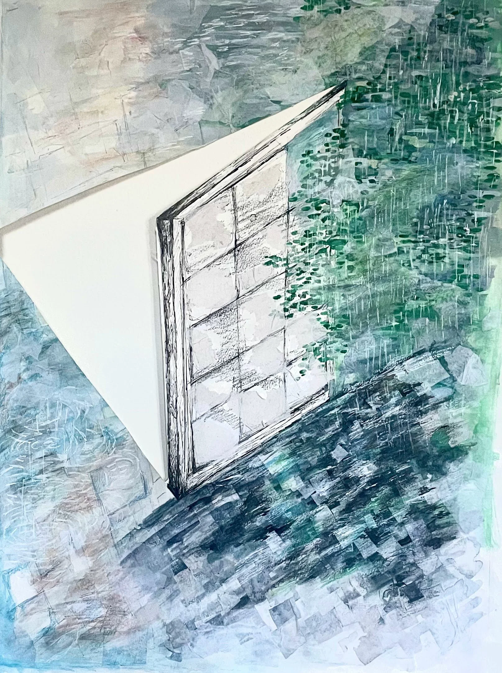"Melancholy Window", Watercolor, Ink, Collage, Acrylic Gouache, 22.5 x 30, 2025.