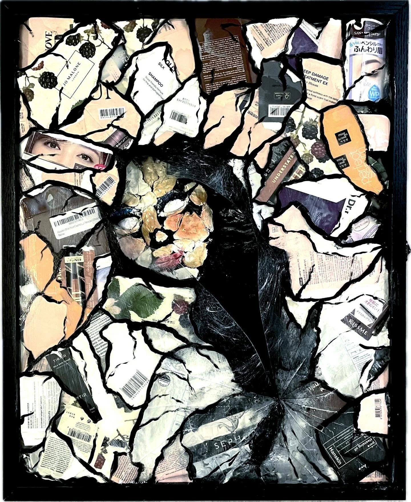 "I Am What I Buy" Collage, Oven-baked clay, acrylic, makeup, 16x20, 2024. 