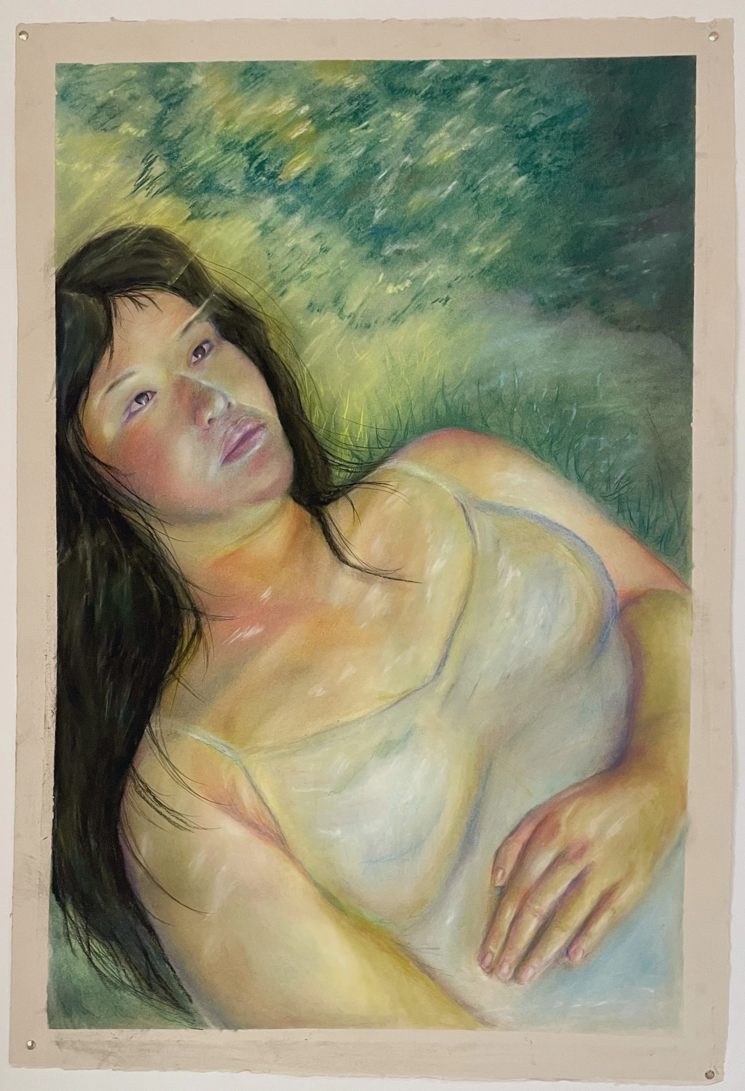 "Spring Day" SOFT PASTEL ON BFK RIVES GRAY, 33X40, 2026. 
