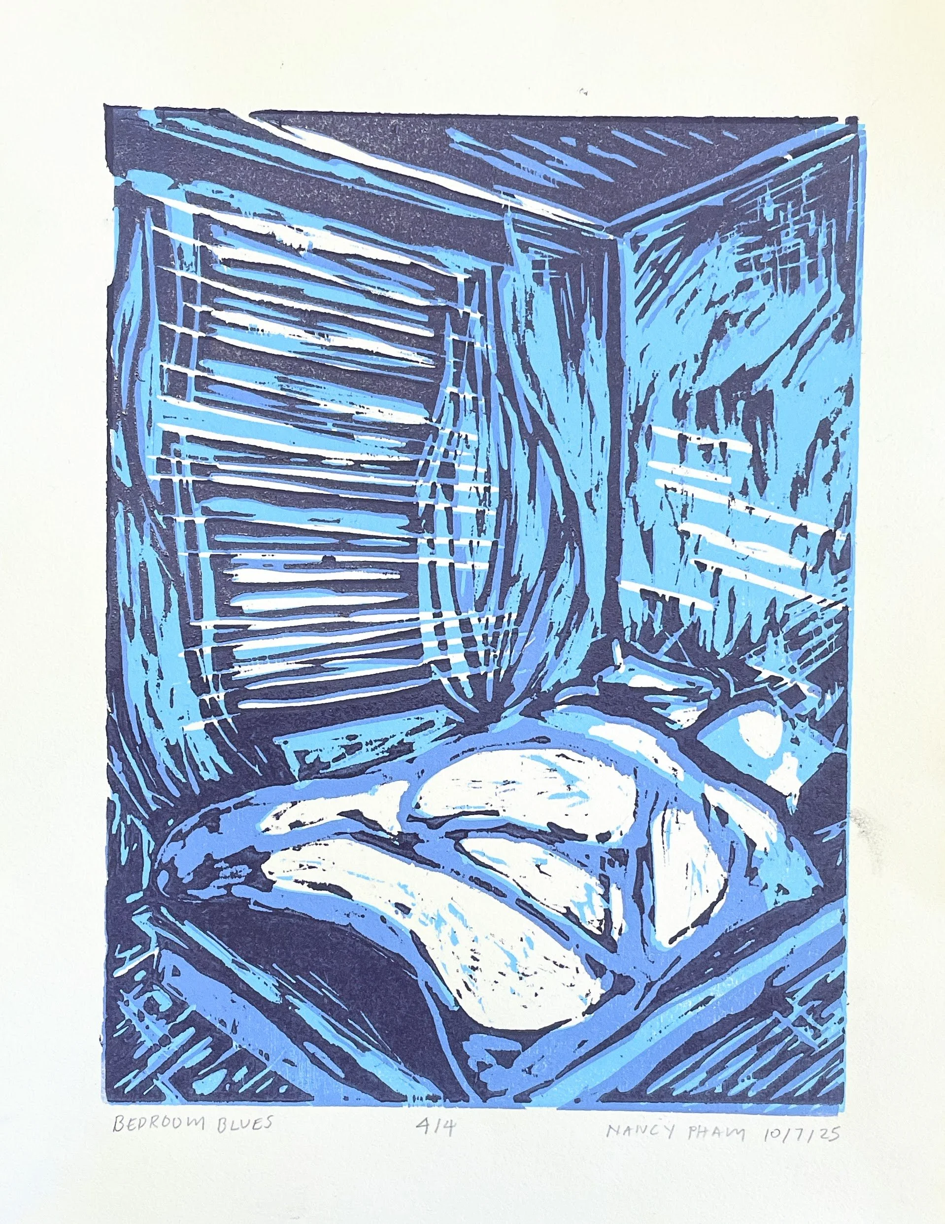 "Bedroom Blues", Relief Print, 8x11, 2025. 
