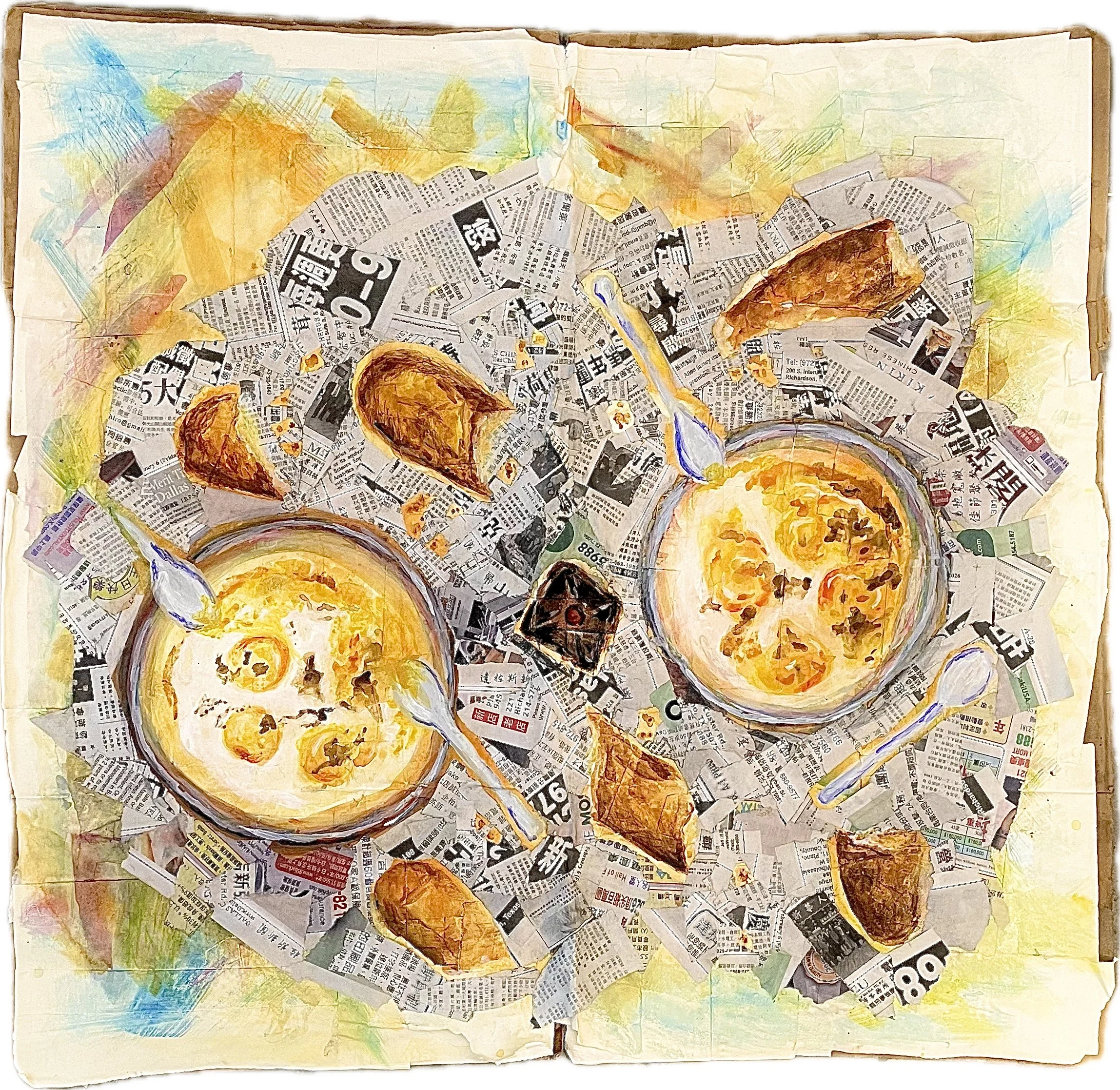 "Sunday Breakfasts at Cindy and Lucy's" Mixed Media, Watercolor, Acrylic Gouache, Colored Pencils, Collage, Cardboard, 35x34, 2026. 
