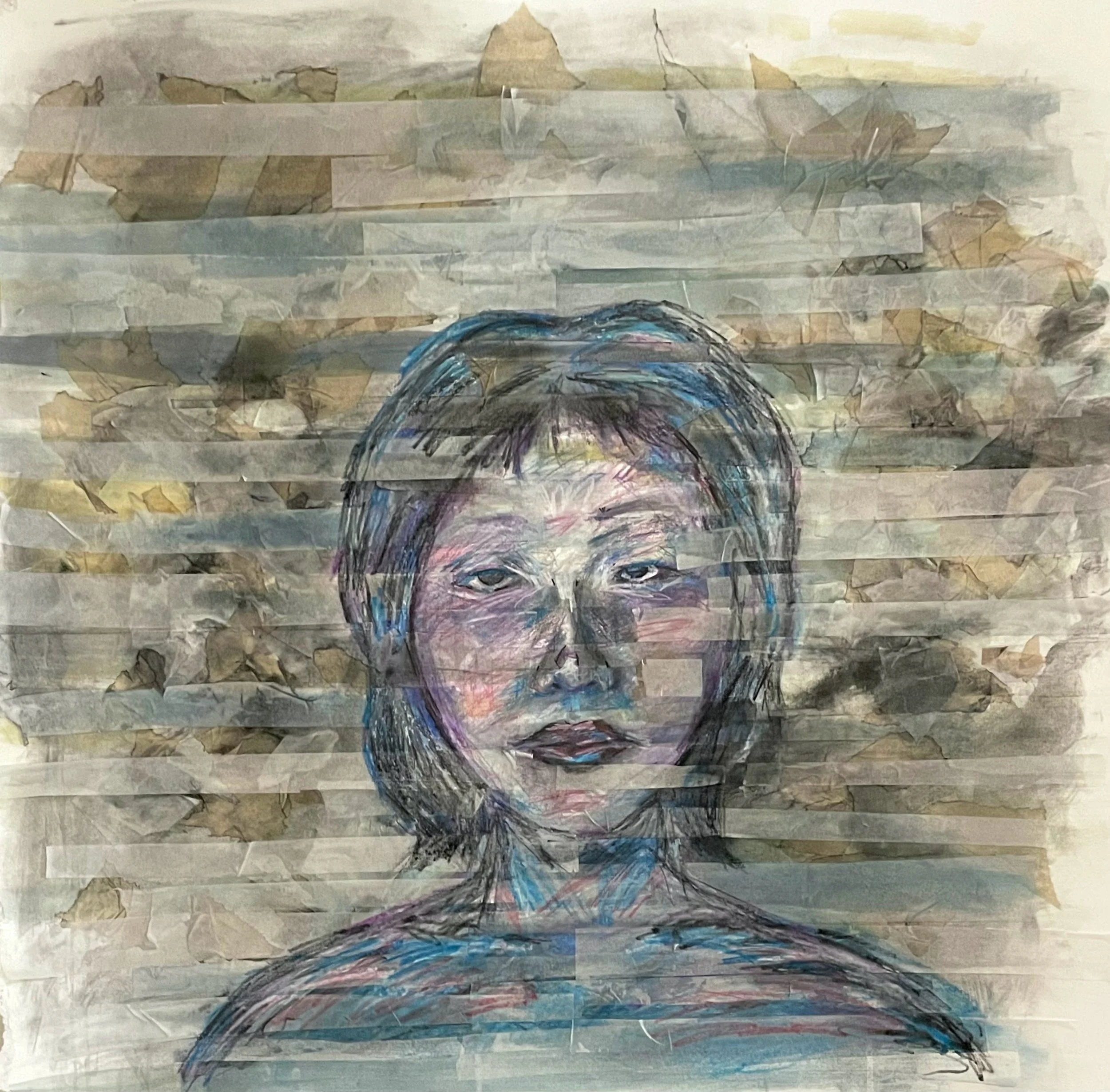 "Self-Portrait", Mixed Media, collage, water-soluble pastel, oil pastel, charcoal, colored pencil, 30x30, 2025.  
