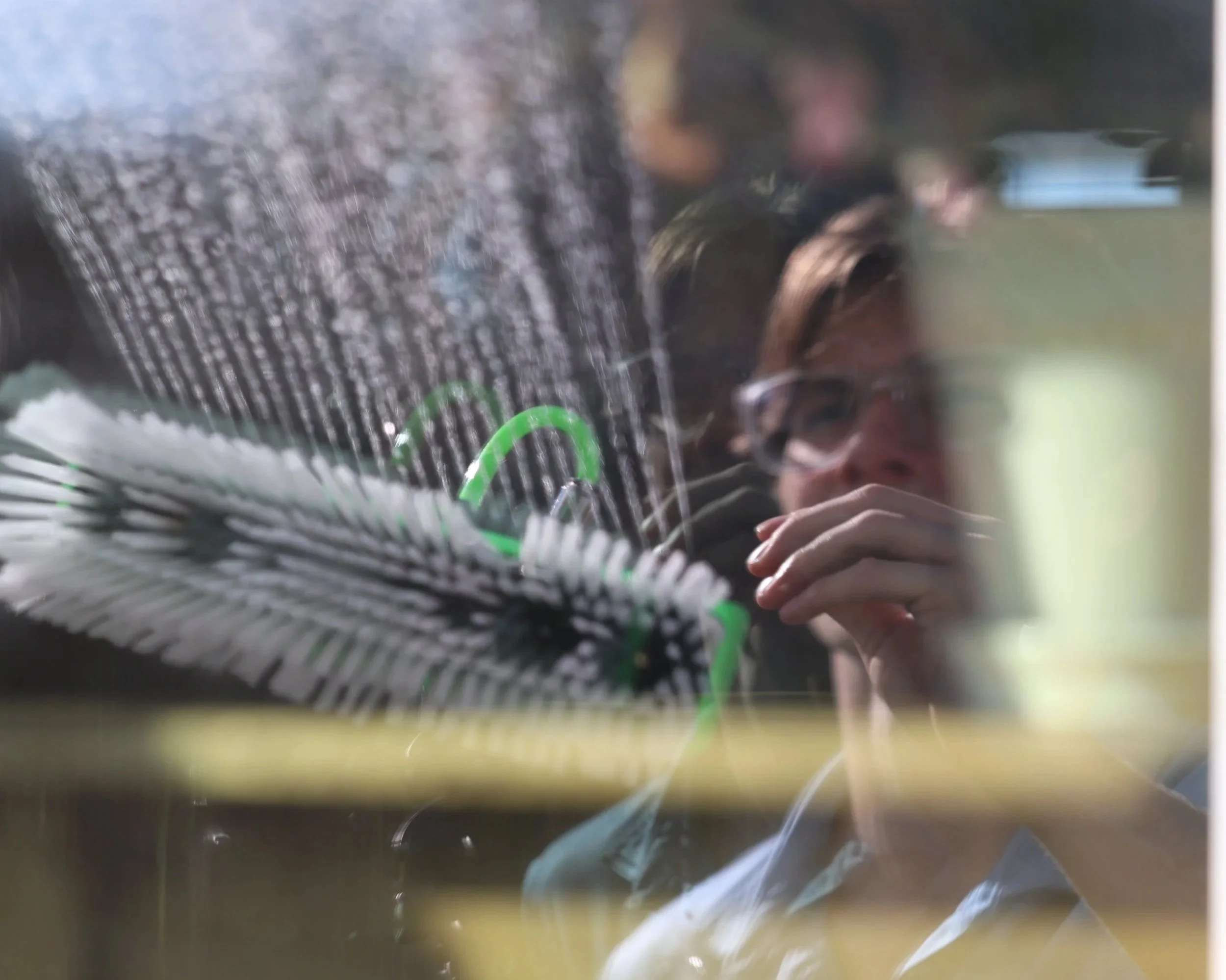 Reflection of a man with glasses cleaning a window, with a water fed filtration system.