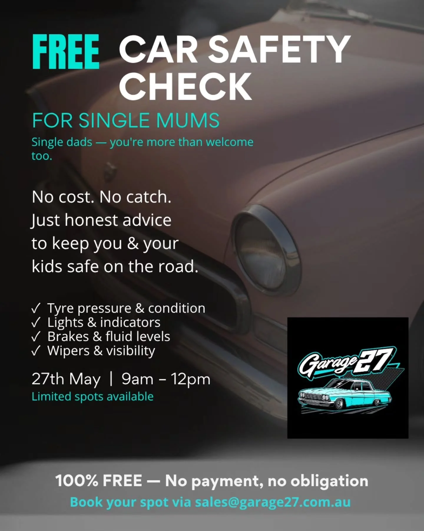 Being a parent is hard enough &mdash; worrying about your car shouldn&rsquo;t be added to the list. ❤️

On the 27th May, Garage 27 is offering FREE car safety checks for single mums (and single dads too).

No pressure. No upselling. No catch.
Just ho