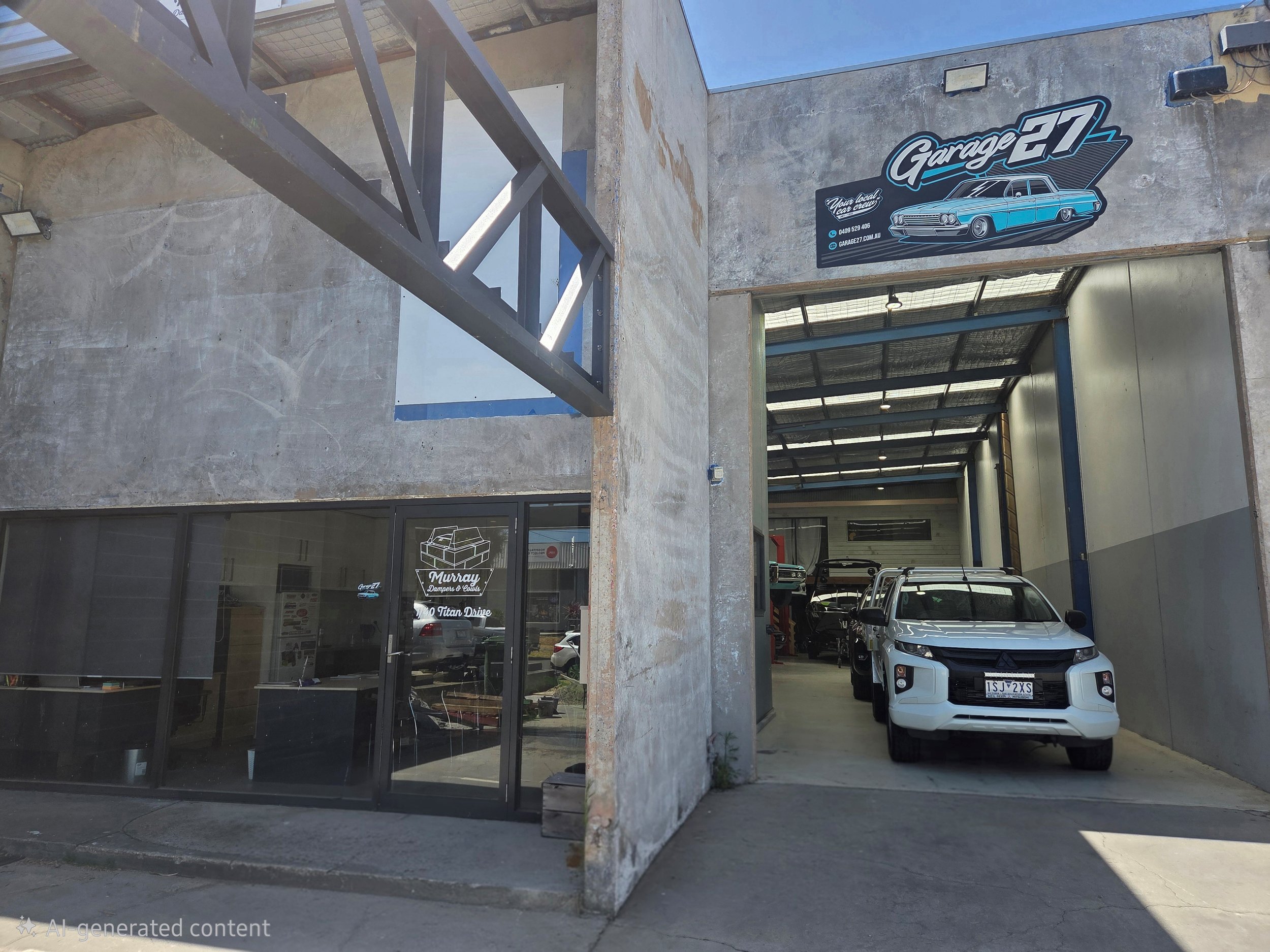 View of a garage with a car inside and a signboard with a classic car illustration at the top. The garage has a large open door with a silver/white SUV parked near the entrance, and other cars being serviced inside.