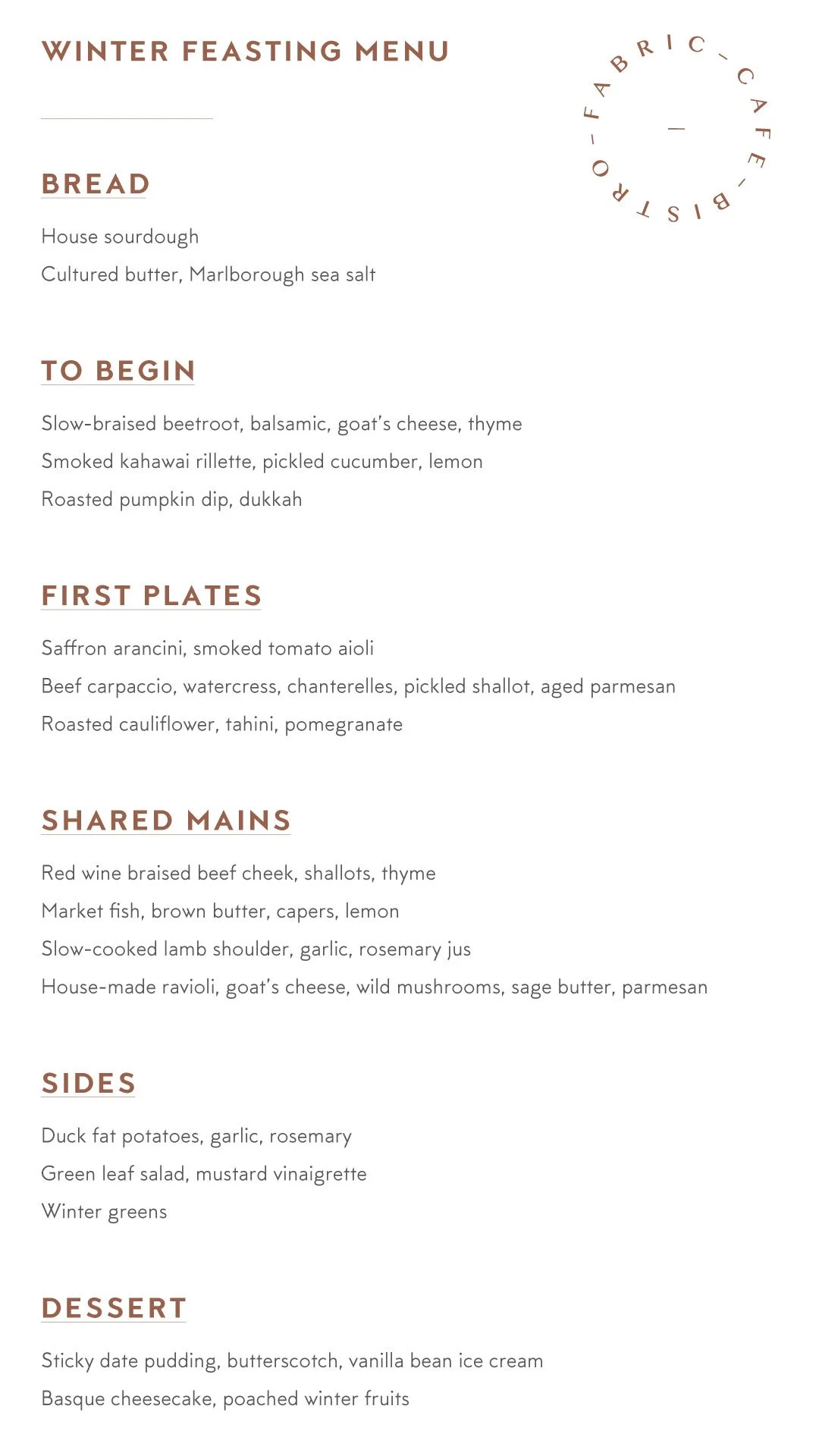 Winter wedding feasting menu featuring bread, starters, main courses, sides, and desserts listed in text.