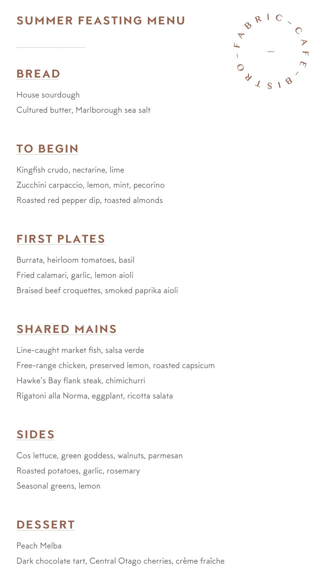 Summer wedding feasting menu with sections for bread, starters, first plates, shared mains, sides, and dessert.