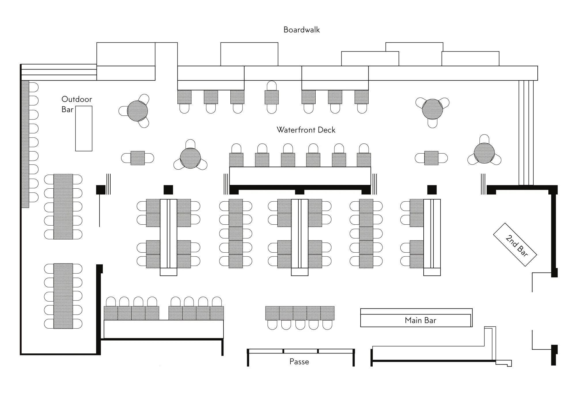 Layout plan of a bar or restaurant with labeled areas including outdoor bar, waterfront deck, main bar, and passage.