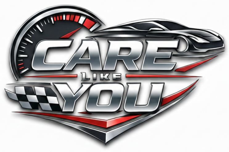 Graphic with a car, speedometer, and checkered flag, and text 'Care Like You' with a stylized design.