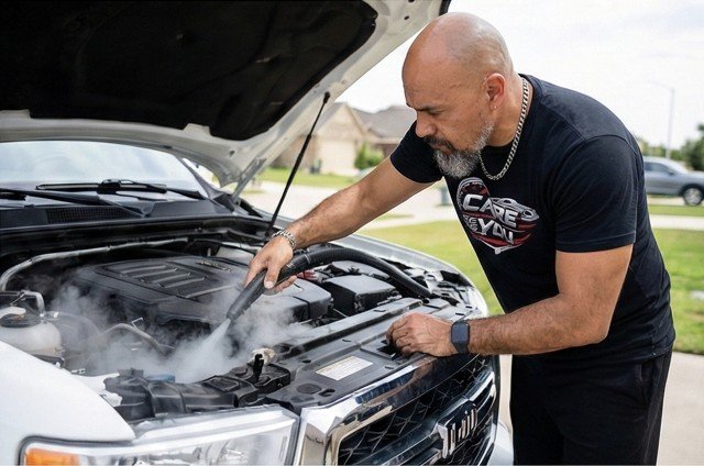 Man inspecting the engine of a car with the hood open in a suburban neighborhood.