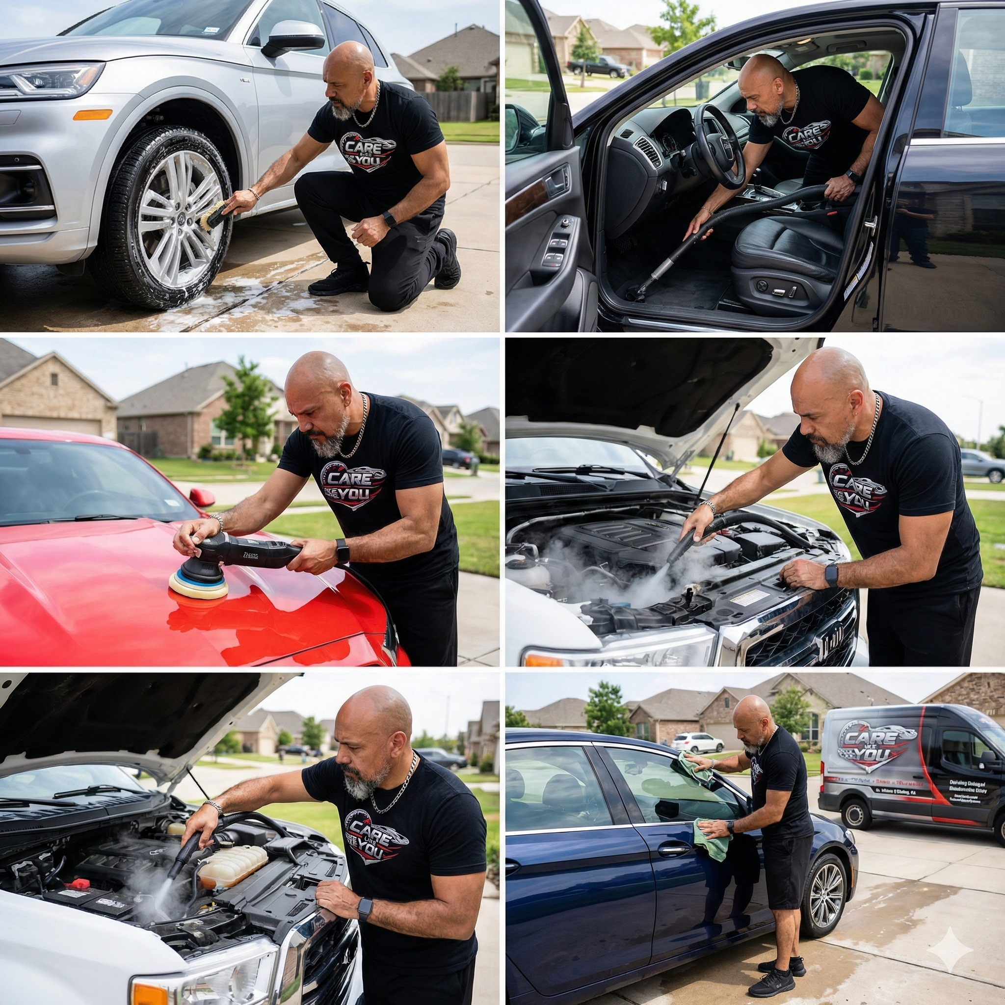 A man cleaning and detailing multiple cars outdoors. He washes the wheels, vacuuming the interior, polishing the car's exterior, washing the engine, and wiping the car's windows.