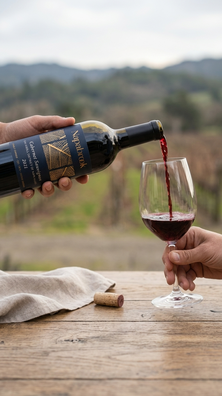 Person pouring red wine from a bottle into a wine glass outdoors with a vineyard and hills in the background.
