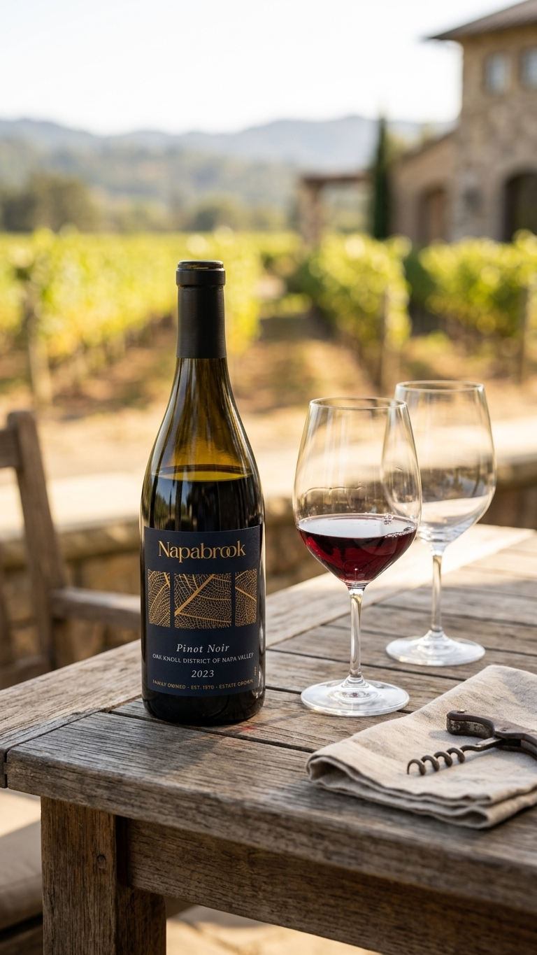 A bottle of red wine labeled 'Napabrook Pinot Noir 2023,' two empty wine glasses, and an open corkscrew on a rustic wooden table outside with vineyards and a house in the background.