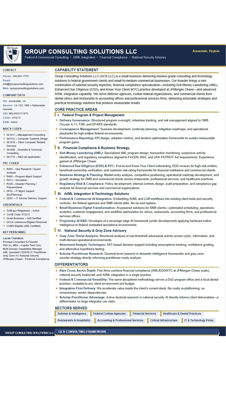 Business consulting solutions flyer from Group Consulting Solutions LLC in Annandale, Virginia, detailing their services in federal program management, financial compliance, AI/ML integration, cybersecurity, and sector coverage including defense, federal agencies, healthcare, and more.