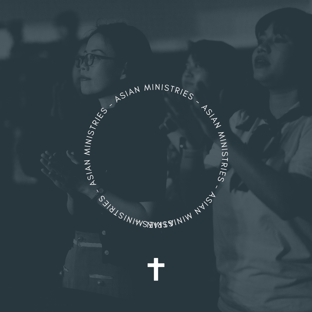 Group of Asian people praying in a church or religious gathering, with a cross symbol below and circular text reading 'Asian Ministries'.