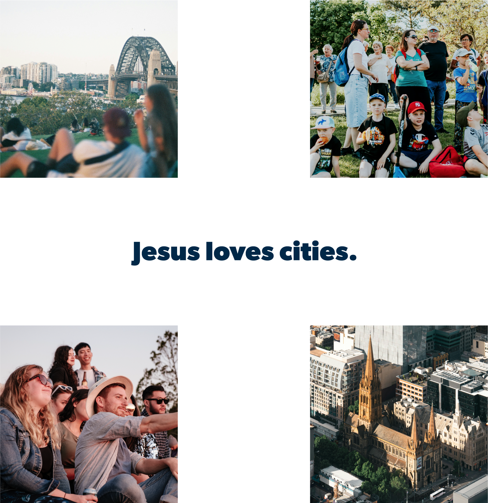 A collage of four photos. The top right shows a group of diverse people, including children and adults, gathered outdoors in a park with green trees in the background. The bottom left features a close-up of young people sitting outdoors, some wearing sunglasses and hats, enjoying a social gathering. The bottom right displays an aerial view of a city with tall buildings, including a historic church with prominent Gothic architecture and steeples, surrounded by modern skyscrapers.