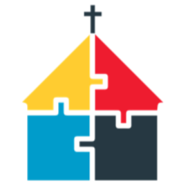 Colorful jigsaw puzzle pieces arranged to form a house with a cross on top.
