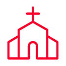 Simple red outline of a church with a cross on top