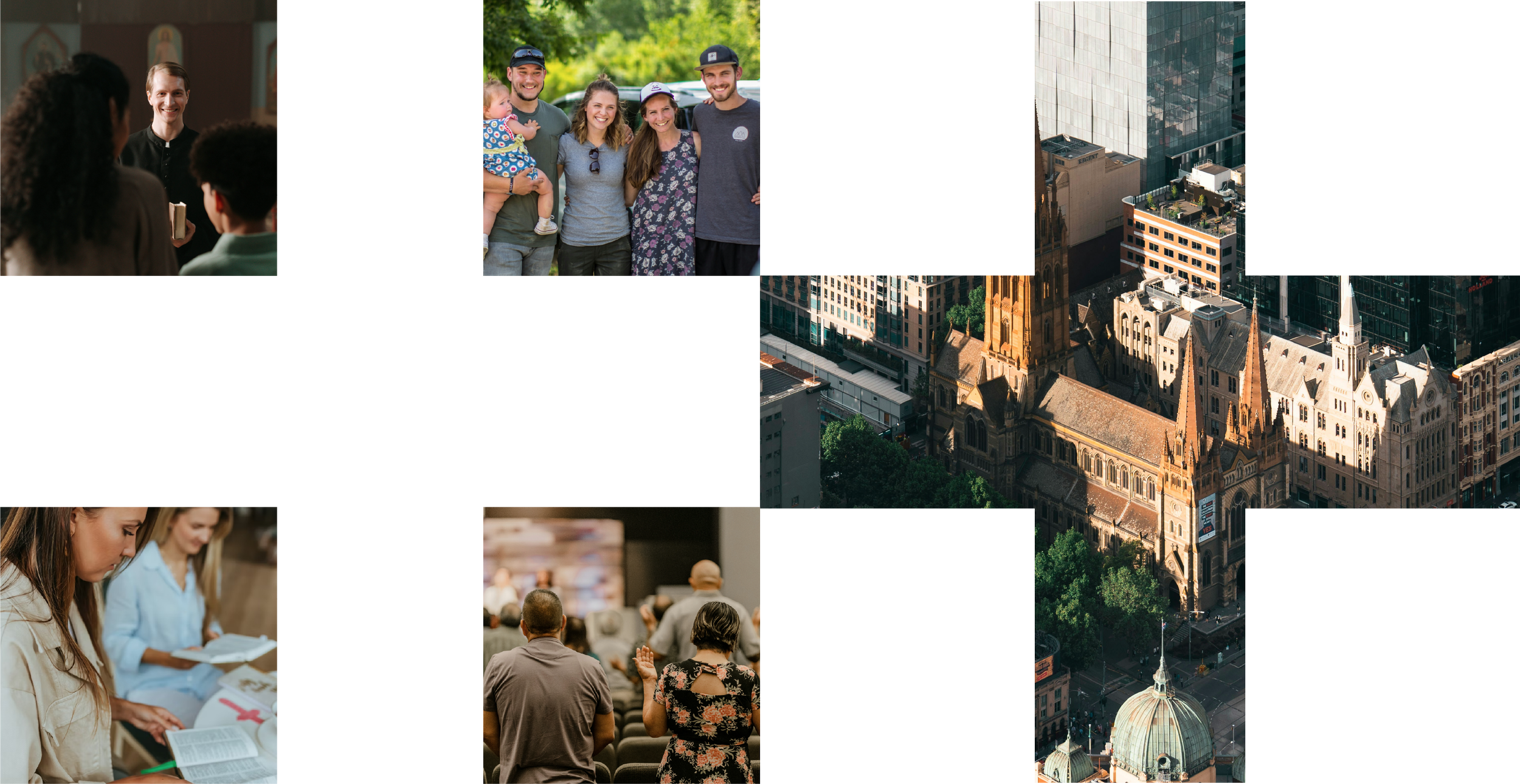 A collage of six images showing various scenes: People speaking in a church or lecture hall, a group of friends smiling outdoors in a park, a top-down view of city skyscrapers, women studying and taking notes, a group attending a seminar or conference, and a cityscape with historic and modern buildings.