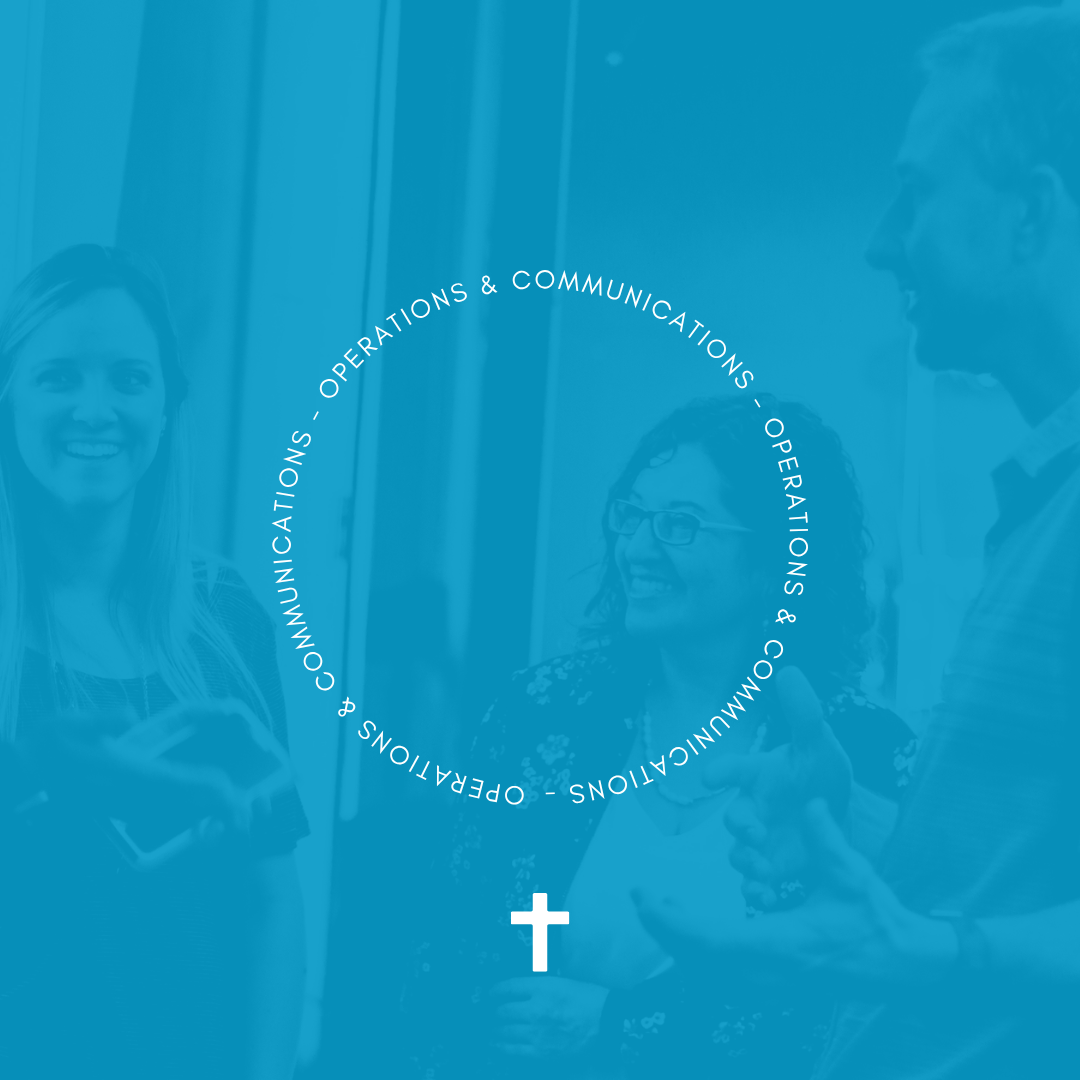 Three people smiling and talking in a professional setting, with a blue overlay and a white cross at the bottom. The background is a glass wall, and there's a circular text that reads 'OPERATIONS & COMMUNICATIONS' repeated around the circle.