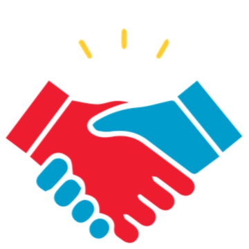 Illustration of two hands shaking, one red and one blue, with three yellow lines above depicting agreement or cooperation.