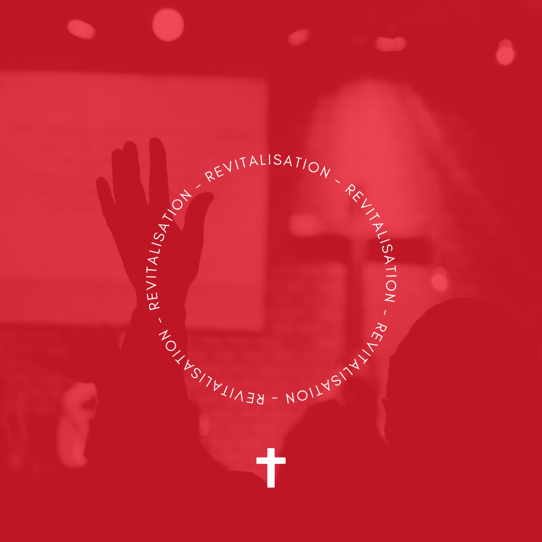 Silhouette of a person's hand raised, with a circle of the word 'REVITALISATION' repeated around it, and a small white cross at the bottom center, set on a red background.