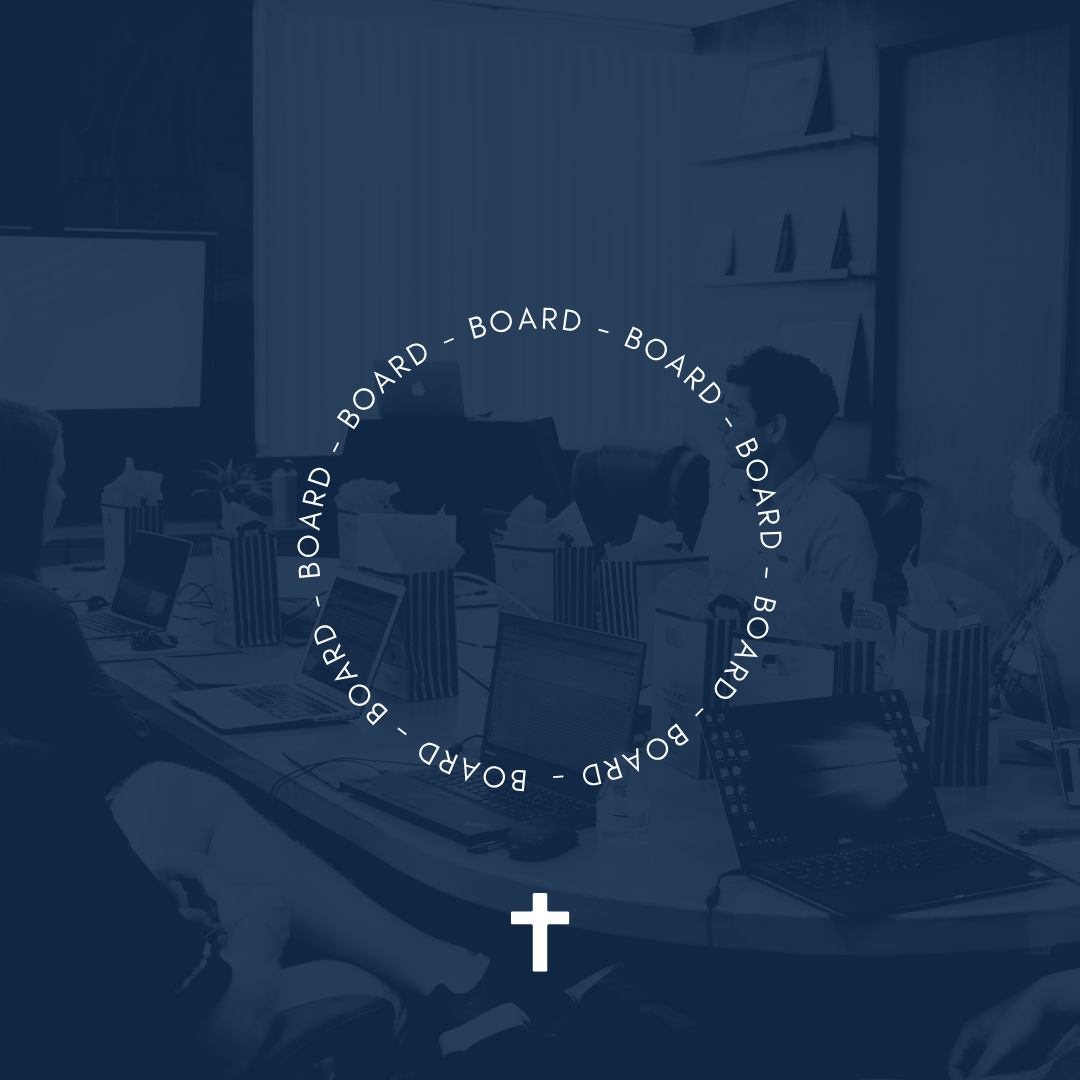 Meeting room with people seated around a table with laptops, notebooks, and gifts, and a cross symbol at the bottom, overlaid with a circular pattern of the word 'BOARD' repeated.