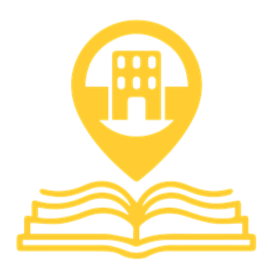 A yellow map pin icon with a building inside, positioned above an open book, all in yellow on a black background.