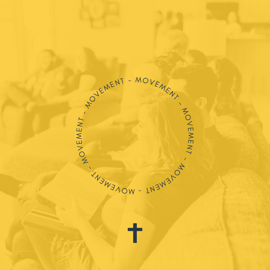 A group of people seated in a room, some possibly engaged in a church or community gathering, with a cross symbol at the bottom and the word 'movement' repeated in a circle.