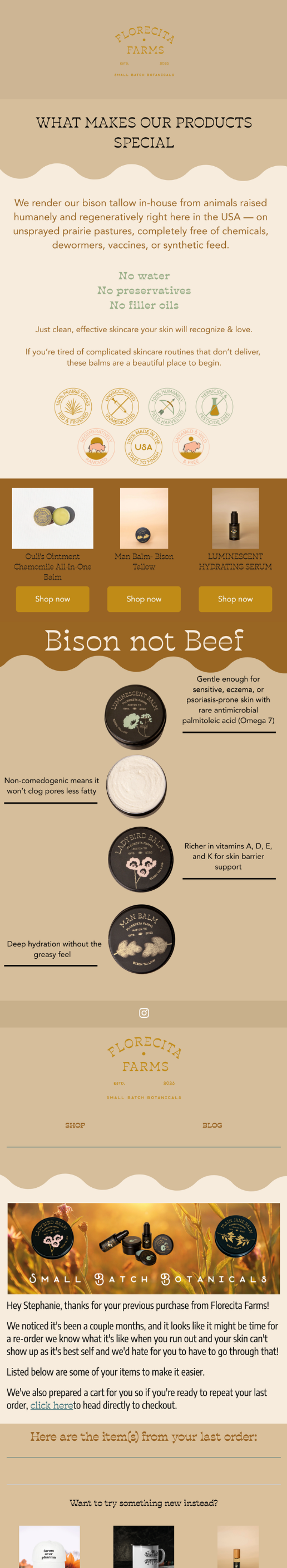 A vertical promotional flyer for Florecita Farms, featuring natural skincare products made from bison tallow, with labels indicating no water, preservatives, or filler oils. The flyer highlights the farm's sustainable practices and includes images of three skincare products, as well as a section showing items from a recent order and suggestions for new products.