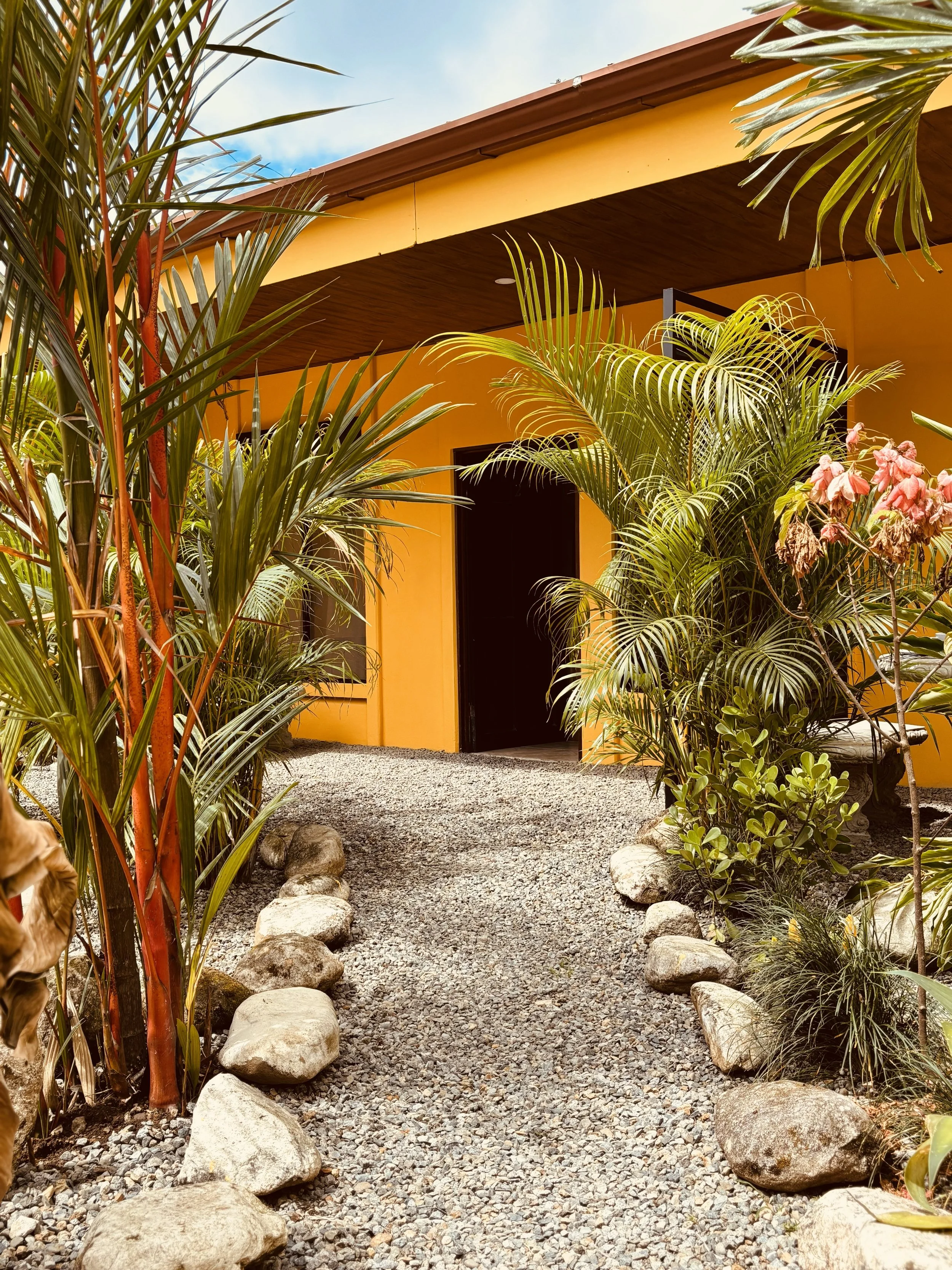 Pathway with rocks leading to a yellow building with brown roof, surrounded by lush green plants and trees, under a blue sky.