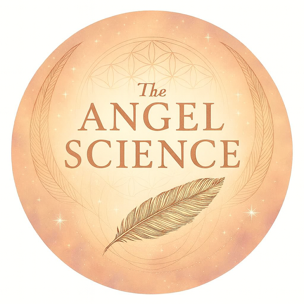 A circular graphic with a peach-colored background and sparkles, featuring a feather illustration and the text "The Angel Science" in the center.