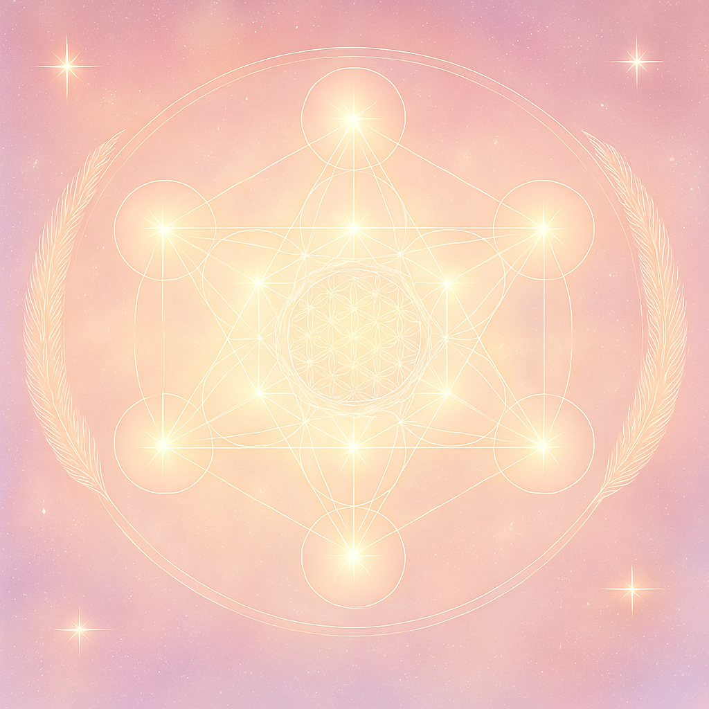 A glowing geometric sacred geometry pattern with interconnected circles and lines, set against a soft pink and pastel background with stars and feathers.