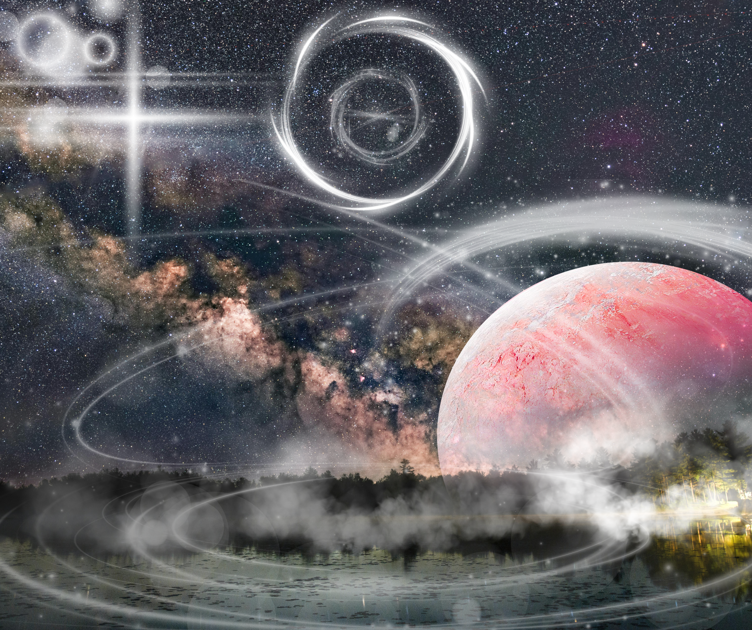 A surreal image showing a star-filled night sky with several glowing, abstract spiral and ring structures, a reddish planet at the bottom right, and a silhouetted treeline at the bottom.