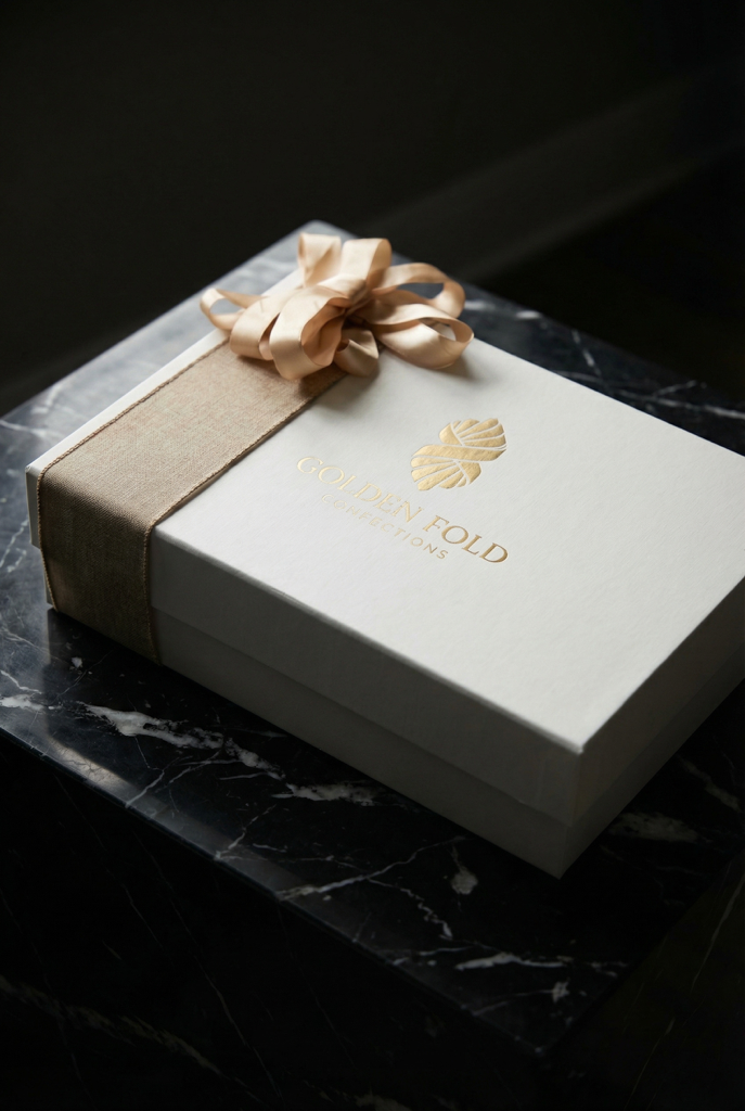 A white gift box with gold lettering and logo, adorned with a beige ribbon and bow, resting on a black marble surface.