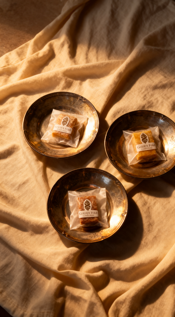 Three small squares of caramel candy wrapped in clear plastic with a 'Golden Fold' label, placed in three dark-colored metallic bowls on a beige, textured fabric surface.